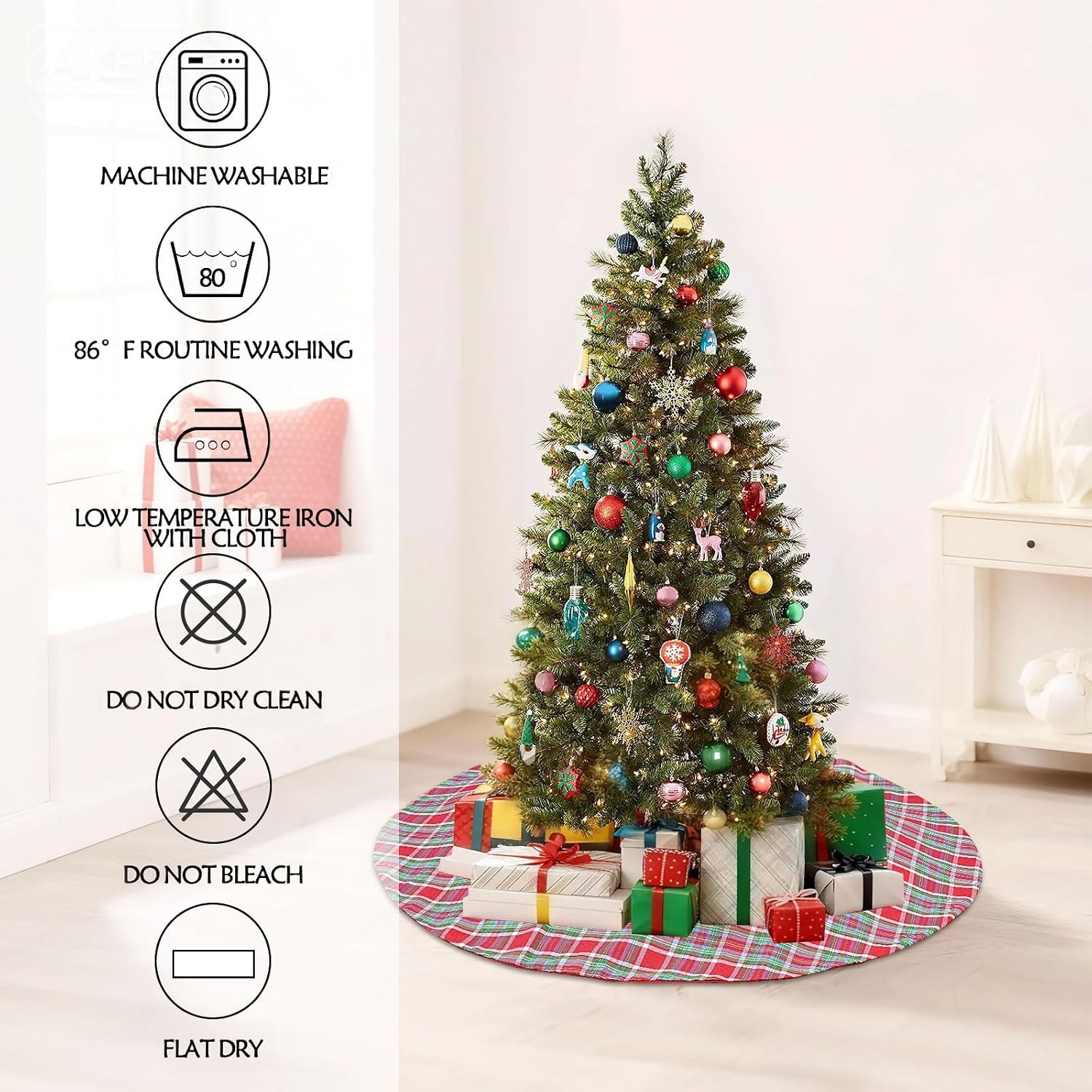 Buffalo Plaid Tree Skirt Cotton Linen Fabric Christmas Tree Skirt Mini 24 Inch for Xmas Holiday Check Tree Skirts Decorations (Red Blue Green)