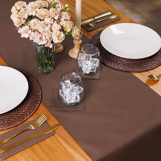 American Homestead Paper Table Runner Roll - 78 ft. Disposable Linen-Like Table Cover Roll - 20 Perforated Table Runners (16" x 48") for Parties, Weddings, and Events - Dark Brown
