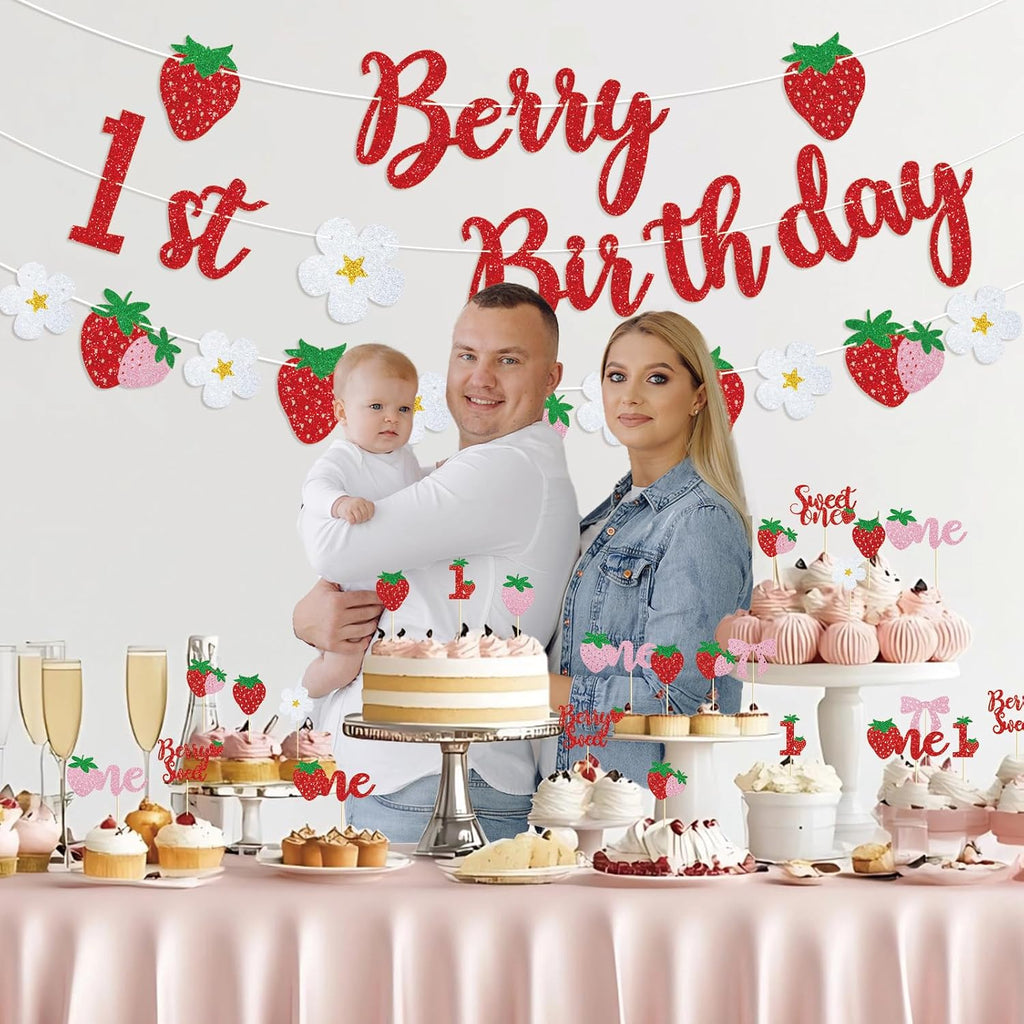 Berry First Birthday Decor, Berry 1st Cupcake Toppers Decorations | Berry 1st Banner, Sweet One, Strawberry, for Baby Shower Decorations, Girls First Birthday Party Supplies