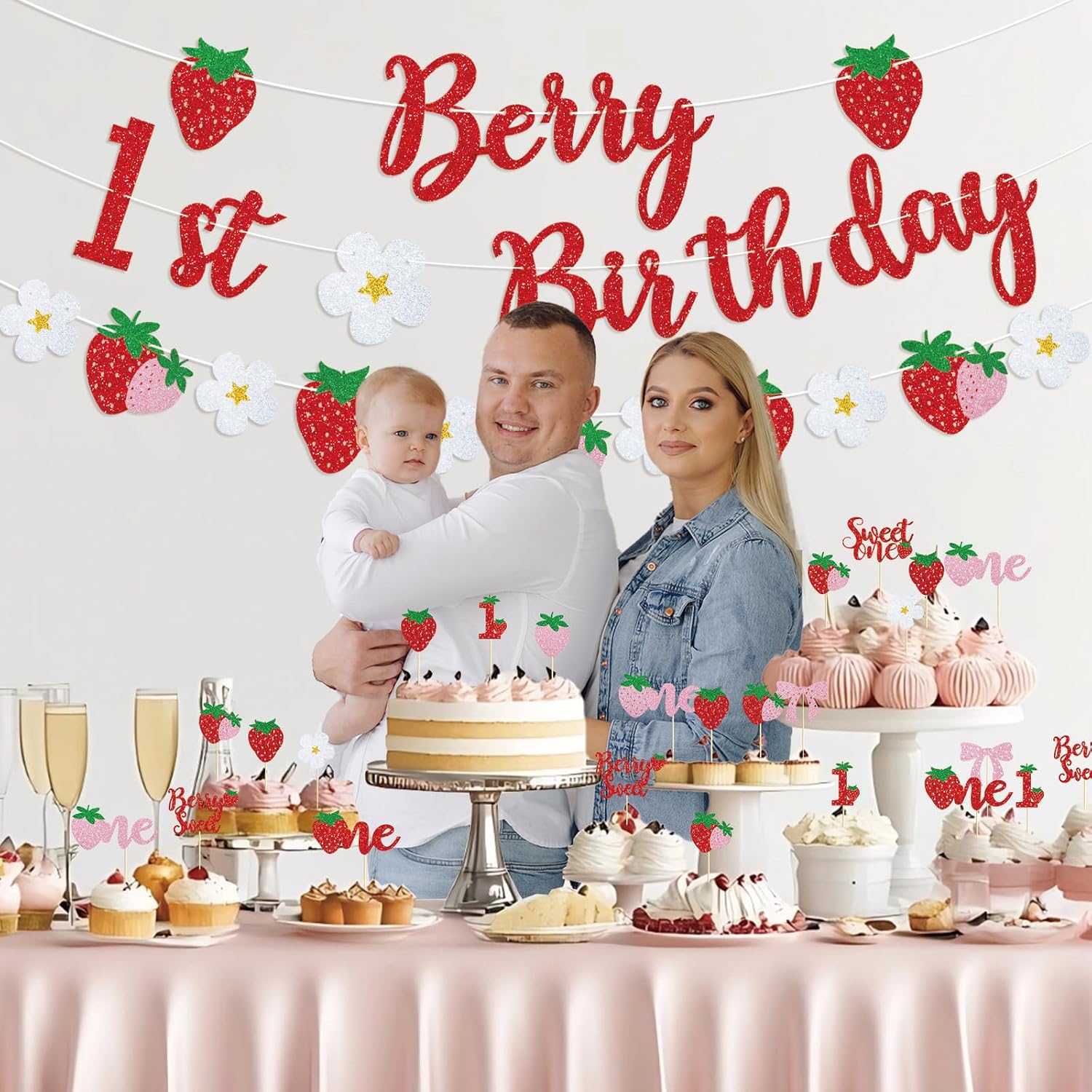 Berry First Birthday Decor, Berry 1st Cupcake Toppers Decorations | Berry 1st Banner, Sweet One, Strawberry, for Baby Shower Decorations, Girls First Birthday Party Supplies