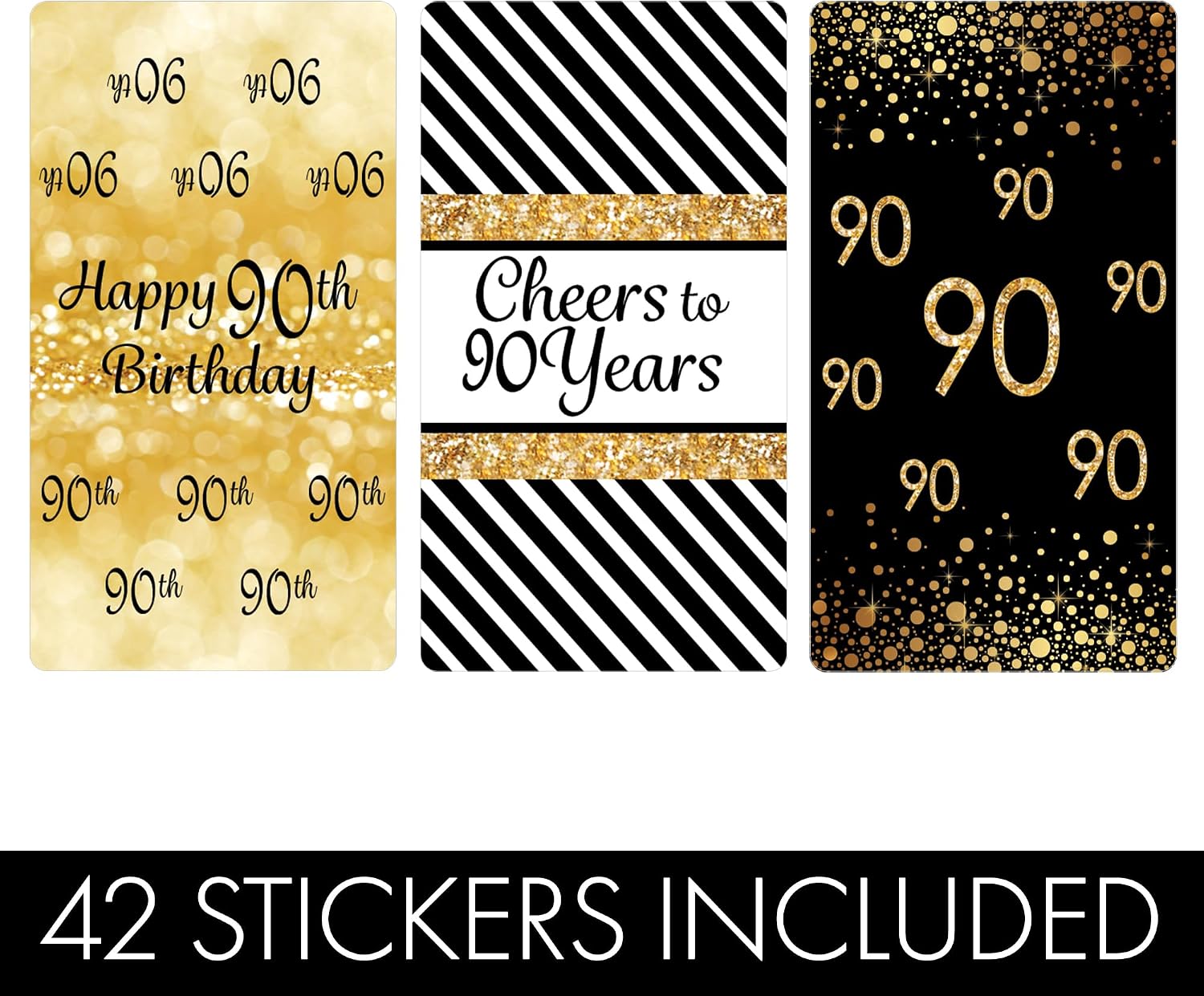 Black and Gold 90th Birthday Party Mini Candy Bar Wrappers, 90th Birthday Decorations - 42 Stickers