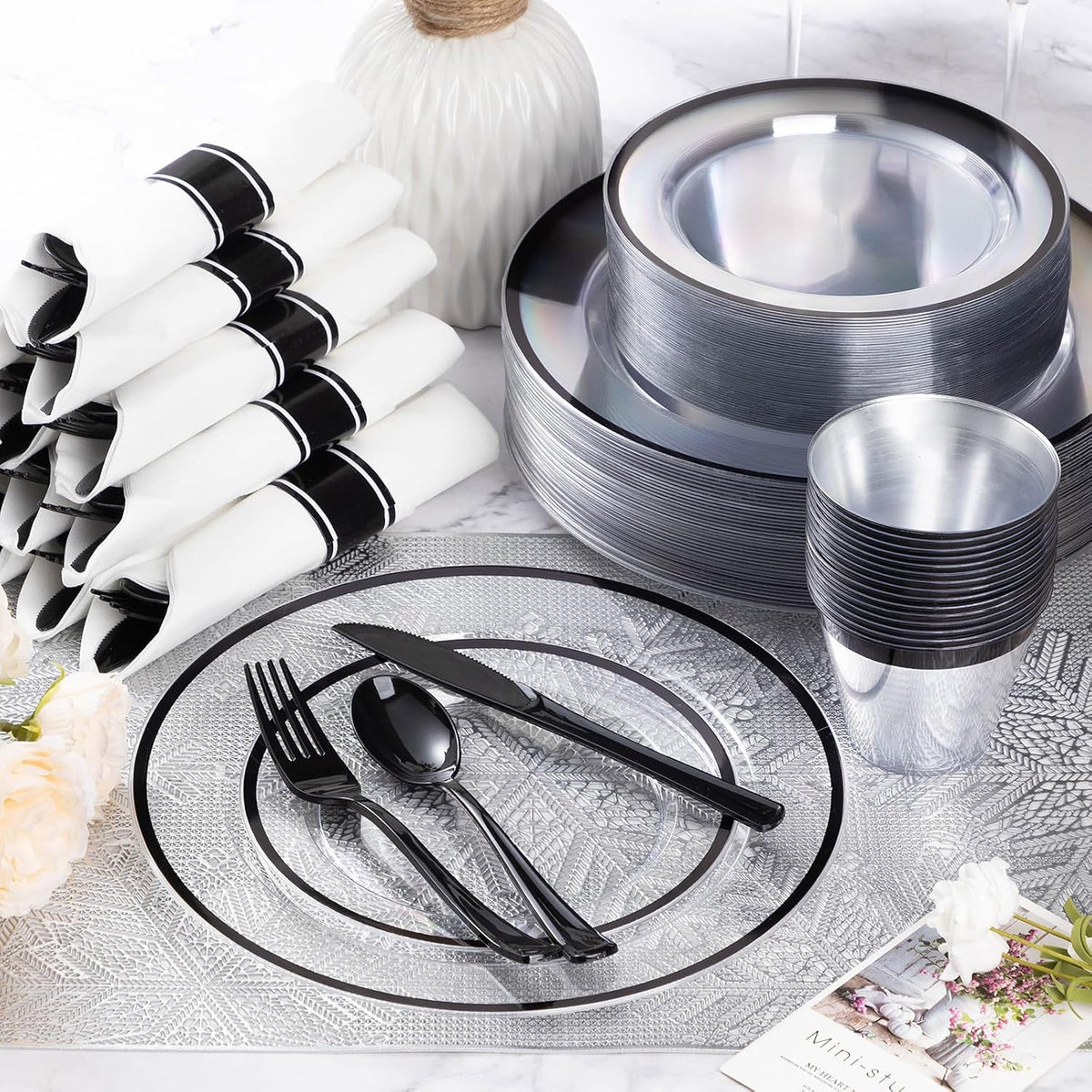 Goodluck 175 Pcs Clear Black Party Plates Cups Napkins Sets for 25 Guests