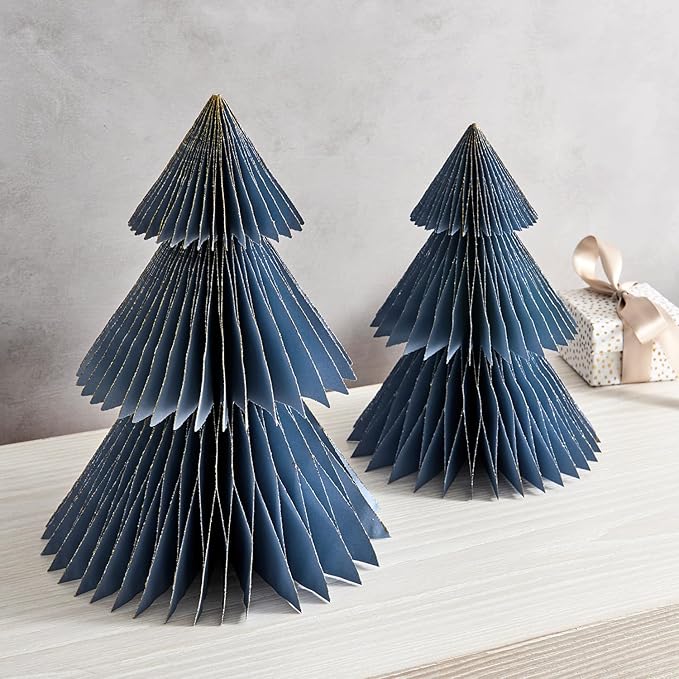 LampLust Winter Ornaments, 2 Pack Dusty Blue Honeycomb Paper Trees, 10 & 12 in, Blue Winter Wonderland Table Centerpieces Decorations for Home Mantel Decor