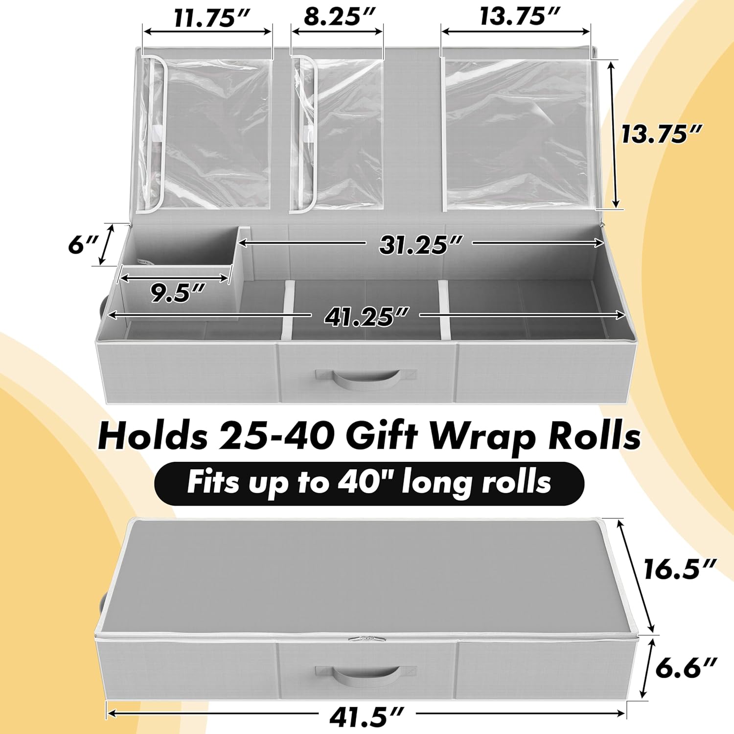 Simple Houseware 41.5" Wrapping Paper Storage Organizer - Fits 40 Rolls with Adjustable Straps, Interior Divider for Ribbons & Bows, 3 Clear Pockets for Gift Bags & Tools, 41.5''L x 16''W, Gray