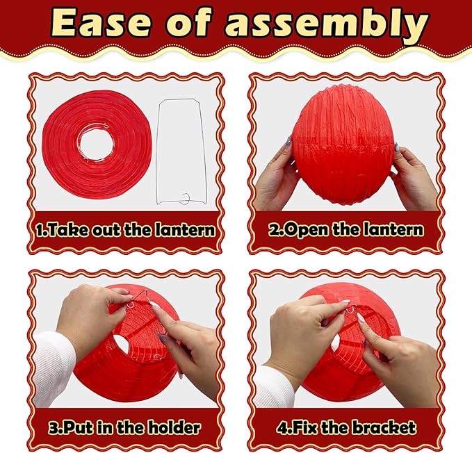 12Pcs Round Paper Lanterns Assorted Sizes (6" 8" 10" 12") for Home Decor, Wedding, Birthday, Hibachi Party, Casino Theme Party Decorations, Hanging Chinese Japanese Paper Lamps (Black Red Gold)