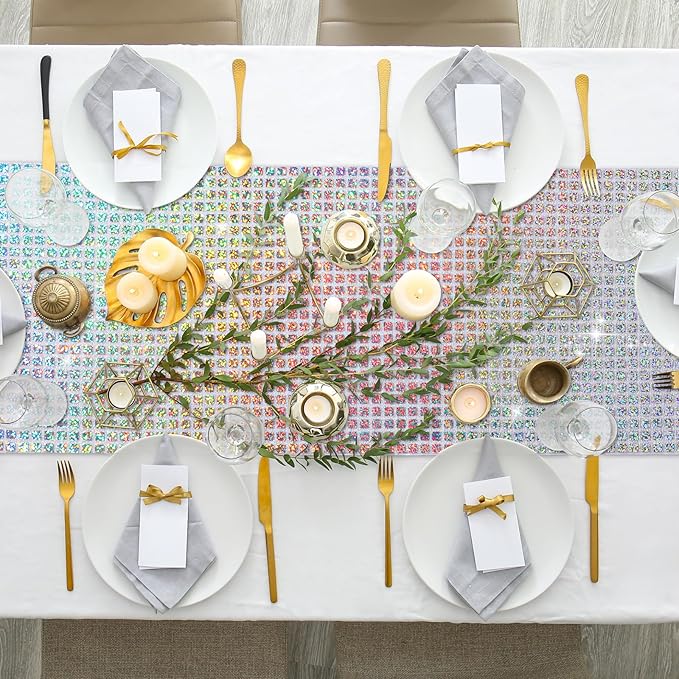 Durony 2 Pack Disco Table Runner 11 x 108 Inch Mirror Silver Laser Glitter Foil Cover With Sparkle Sequin for Bachelorette, 70s, Cowgirl Party Decorations