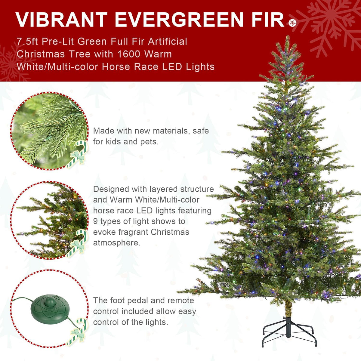 Glitzhome Prelit Christmas Tree, 7.5ft Green Full Christmas Tree Vibrant Ever...