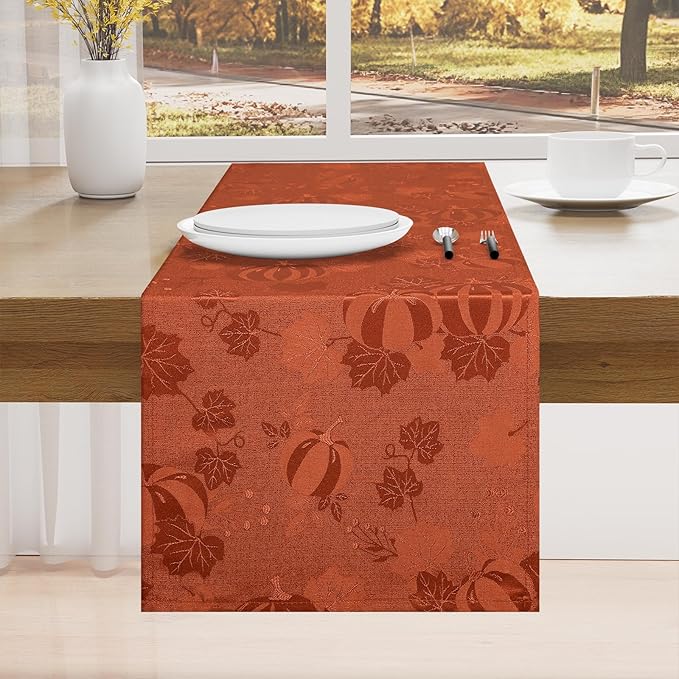 Smiry Thanksgiving Table Runner, 13x72 Inch Waterproof Fabric Damask Table Runner for Harvest Parties and Holidays, Terracotta