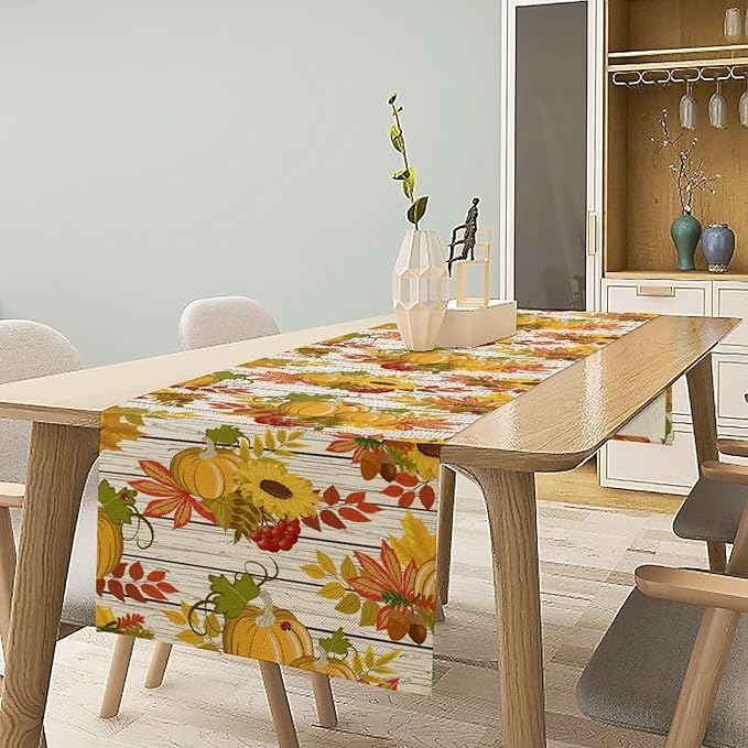 Autumn Table Runner,Seasonal Pumpkins Thanksgiving Kitchen Dining Table Decoration for Home Party Decor 13x60 Inch