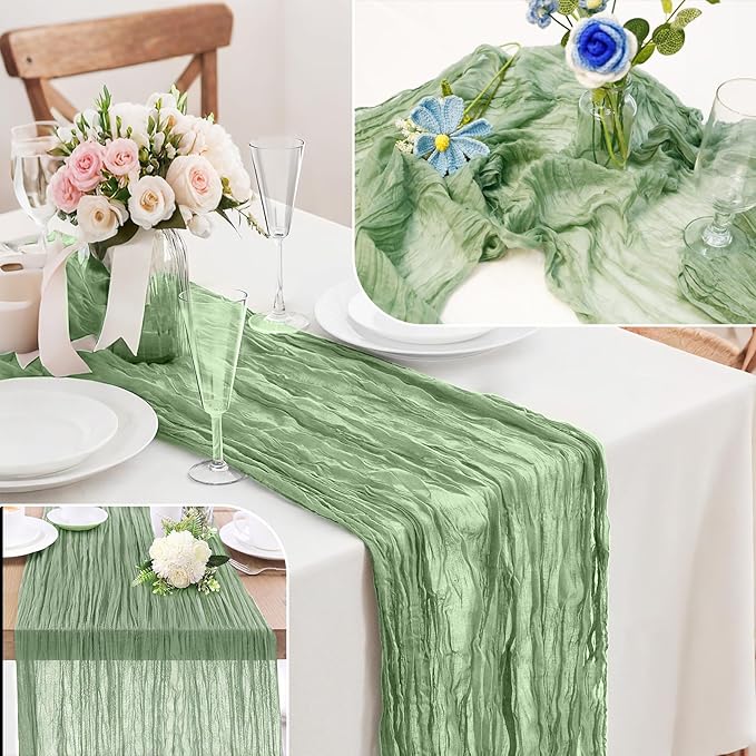 1-Pack Sage Green Cheesecloth Table Runners – 10FT (35x120 Inch) Boho Rustic Gauze Fabric Cheese Cloth Table Runner for Weddings, Baby Showers, Bridal Shower, Farmhouse & Birthday Party Decor
