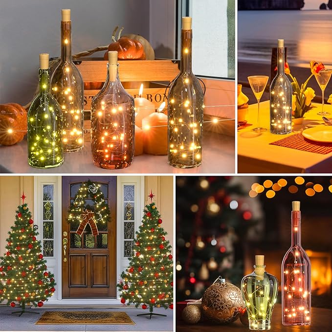 PChero Wine Bottle Cork Lights with Timer, 10 Pack 20 LED 6.6 ft Fairy String Lights Battery Operated for DIY Party Wedding Christmas Festival Bar Decoration, Warm White