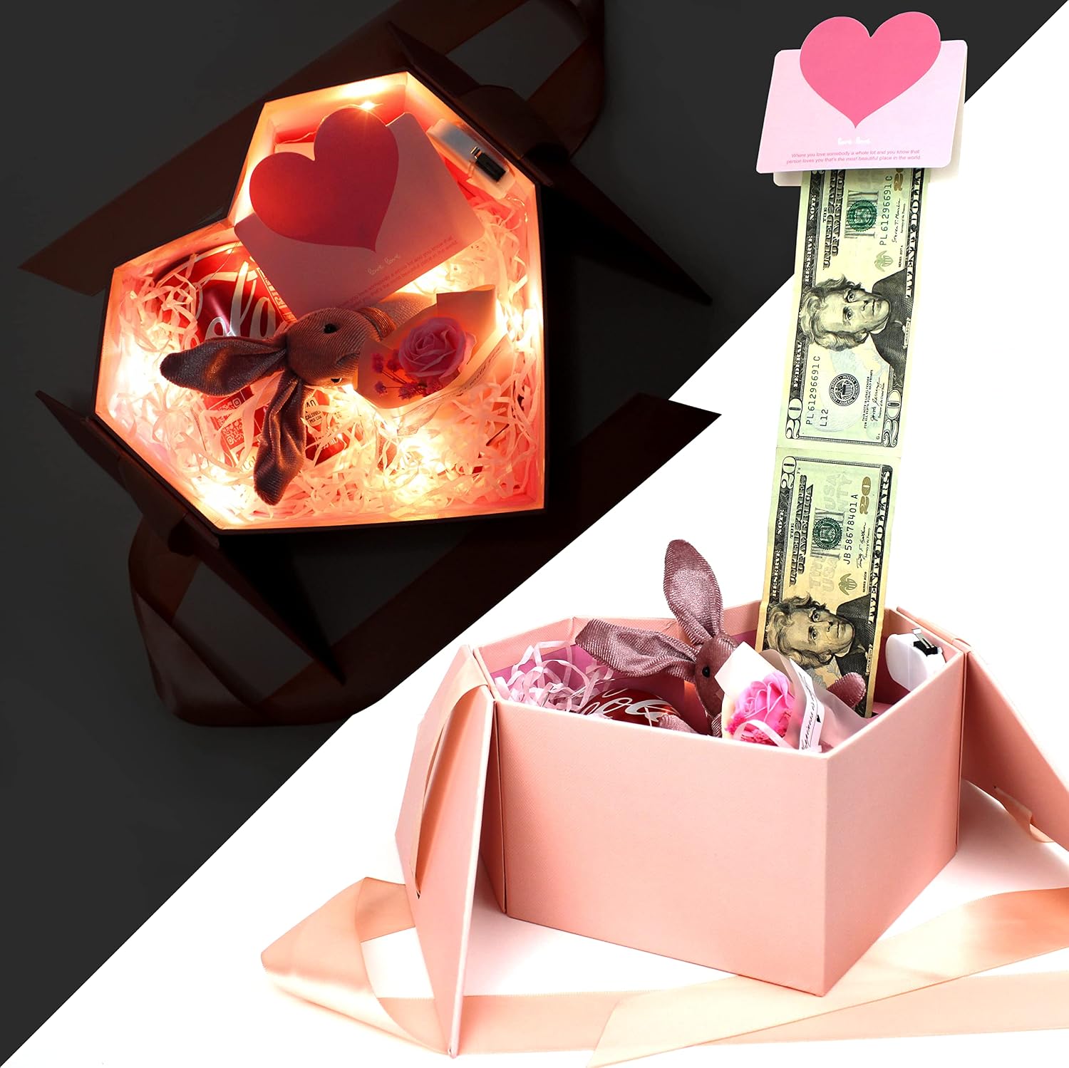 Money Box for Cash Gift Pull Pink - Money Gift Box for Cash Gift Ideas-Love Box with Money Pull Out KIT & Automatic ON/Off String Light - Birthday Money Pull Box Surprise Money Box. (Pack of 2)