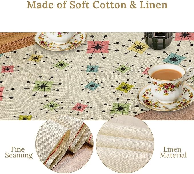 Mid Century Table Runner, Flag Retro Atomic Starburst 1950s Abstract Geometric Space Tabletop Decoration for Home Kitchen Restaurant Table Flag 13x60 Inch