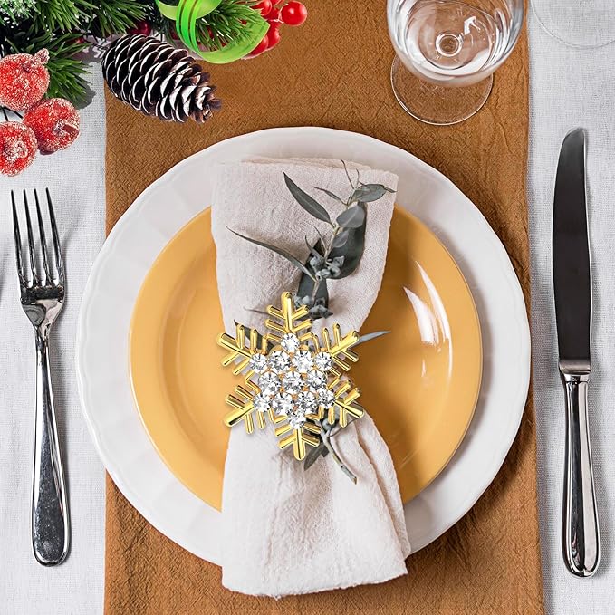Halatool Christmas Napkin Rings Set of 6, Gold Snowflake with White Rhinestone Napkin Holder for Christmas Thanksgiving Winter Holiday Place Setting, Weddings, Party Table Decoration