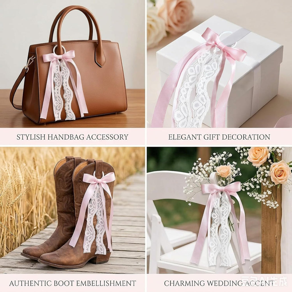 4 Pcs Pink Ribbon Boot Bows for Cowgirl Boots, Removable Lace Bow Clip Shoe Accessories for Women DIY Party Decor