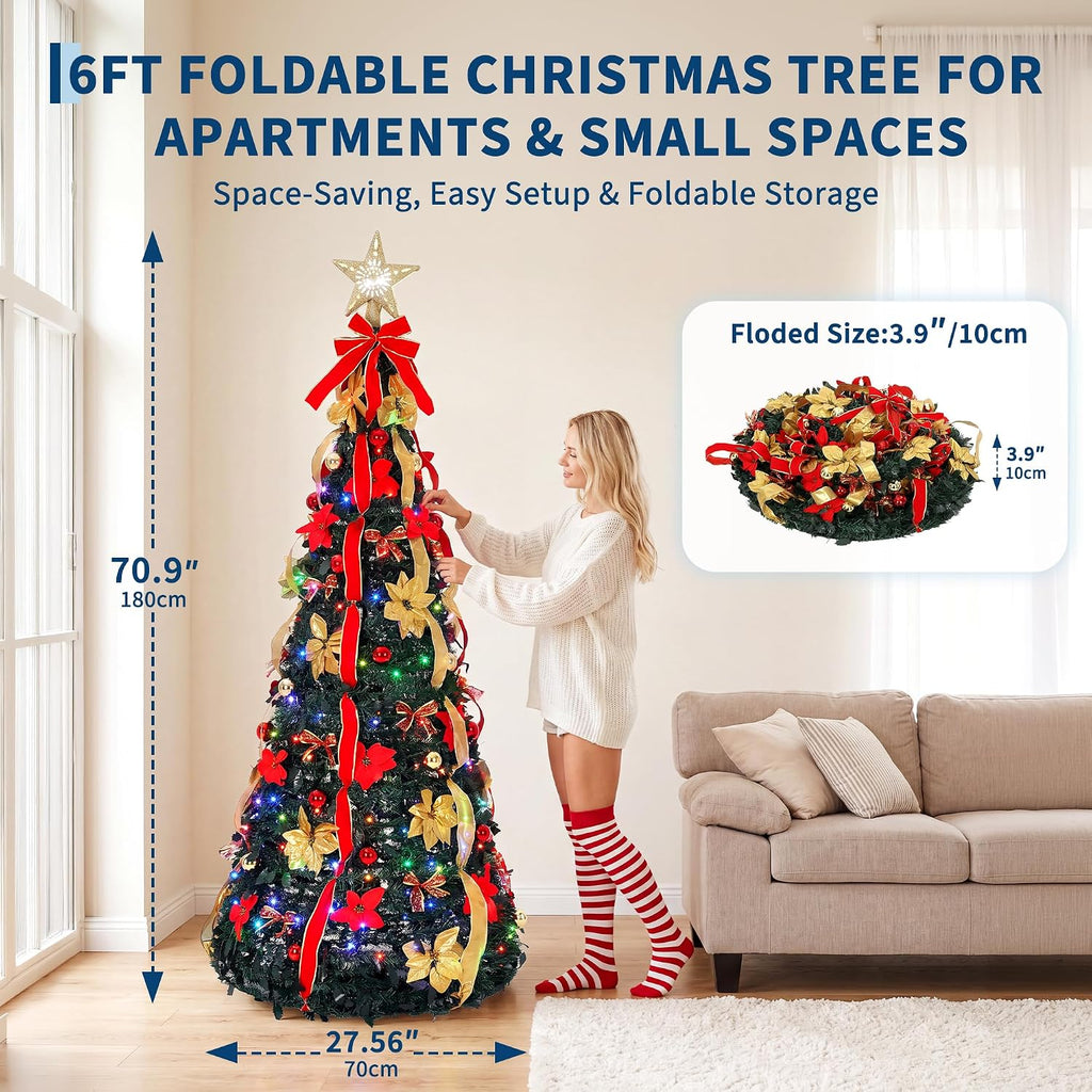 garvee 6ft pop up christmas tree, pre-decorated xmas shown in use