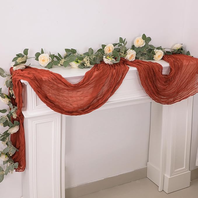 Snowkingdom 10 Ft Fall Table Runner Terracotta Cheesecloth, 120 inch Long Rust Burnt Orange Cheese Cloth Boho Gauze for Wedding Bridal Shower Rustic Sheer Thanksgiving Table Decorations