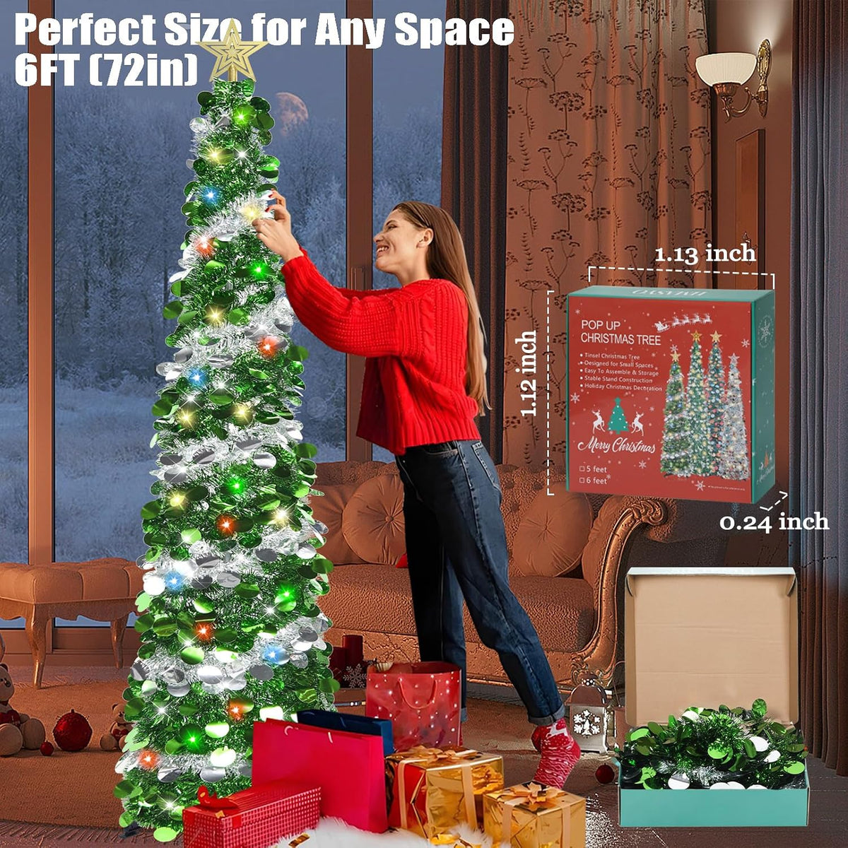 hmasyo 6 ft pop up tinsel christmas tree, side view