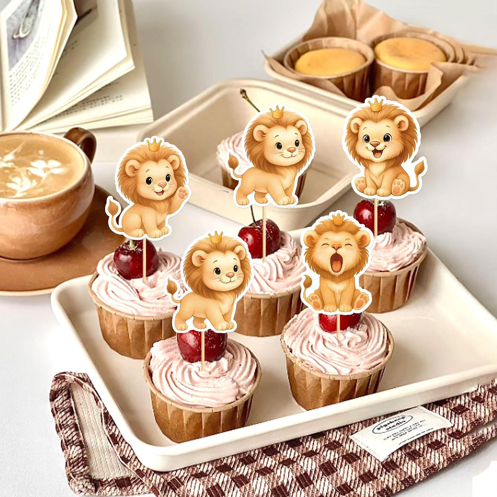 24Pcs Cute Lions Cupcake Topper Cartoon Lion Baby Cupcake Picks Safari Animal Food Picks for Baby Shower Boys Girls Lion Birthday Cupcake Decorations Lions Party Supplies
