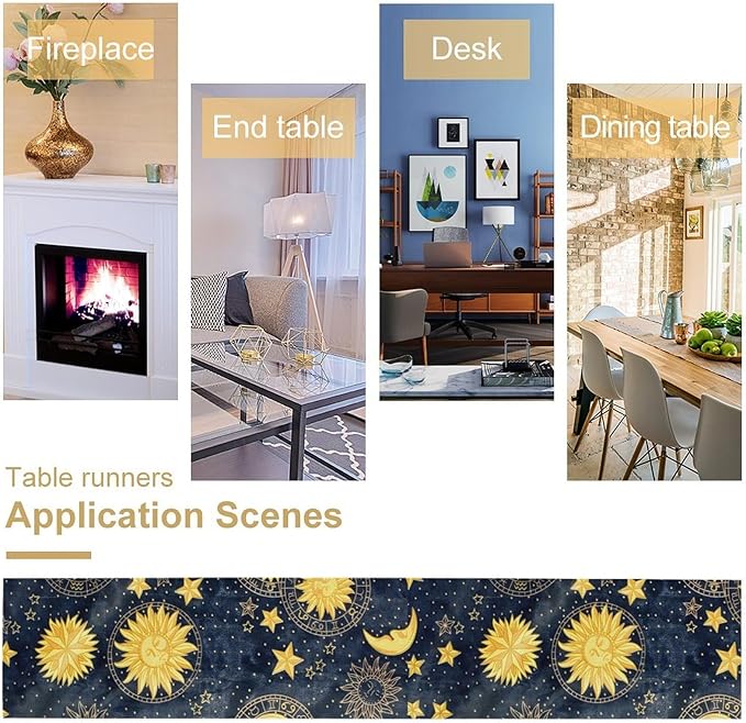 Sun Moon Table Runner, Boho Starry Sky Table Runners for Dinner Holiday Party Wedding Kitchen Golden Stars, 13x120 Inch