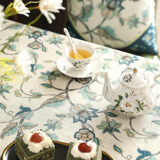 patdrea Designer Green Linen Long Table Cloth for Rectangle Table,Vintage Floral Pattern Durable Tablecloth,French Cover Decor for Kitchen Dining,Christmas,Thanksgiving,Tea Party,63"x102"-Noah
