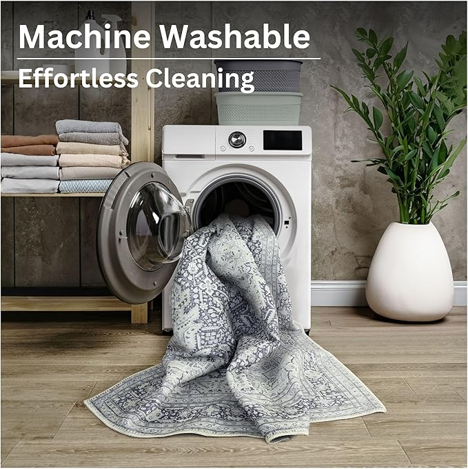 Bloom Rugs Washable Non-Slip 7 ft Runner - Charcoal Blue Traditional Medallion Runner for Entryway, Hallway, Bathroom, and Kitchen - Exact Size: 2.5' x 7'