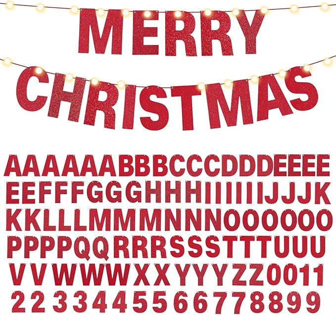 TaoBary 112 Pcs DIY Letter Kit Glitter Customizable Banner Letters Include 107 Letters and Numbers 3 Rope and 2 Needles for Birthday Halloween Christmas Wedding Valentine Party Decor(Red)
