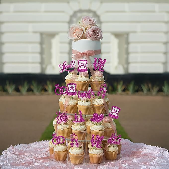 Ephlyn 30Pcs He Asked She Said Yes Cupcake Toppers Glitter Engagement Cupcake Toppers Diamond Ring Heart Love I Do Cupcake Picks for Engagement Wedding Party Cake Decorations Purple