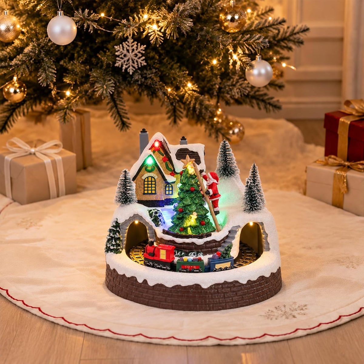 mumtop christmas village house, lighted christmas train sets on a desk or shelf