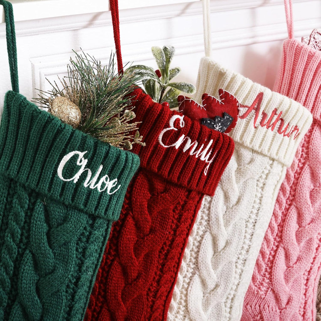ELEGANTPARK Personalized Christmas Stockings 1 Pack Knit Christmas Stockings with Embroidered Names Red Green White Xmas Decoration for Fireplace Hanging Holiday Decoration for Family Kids 18 Inch