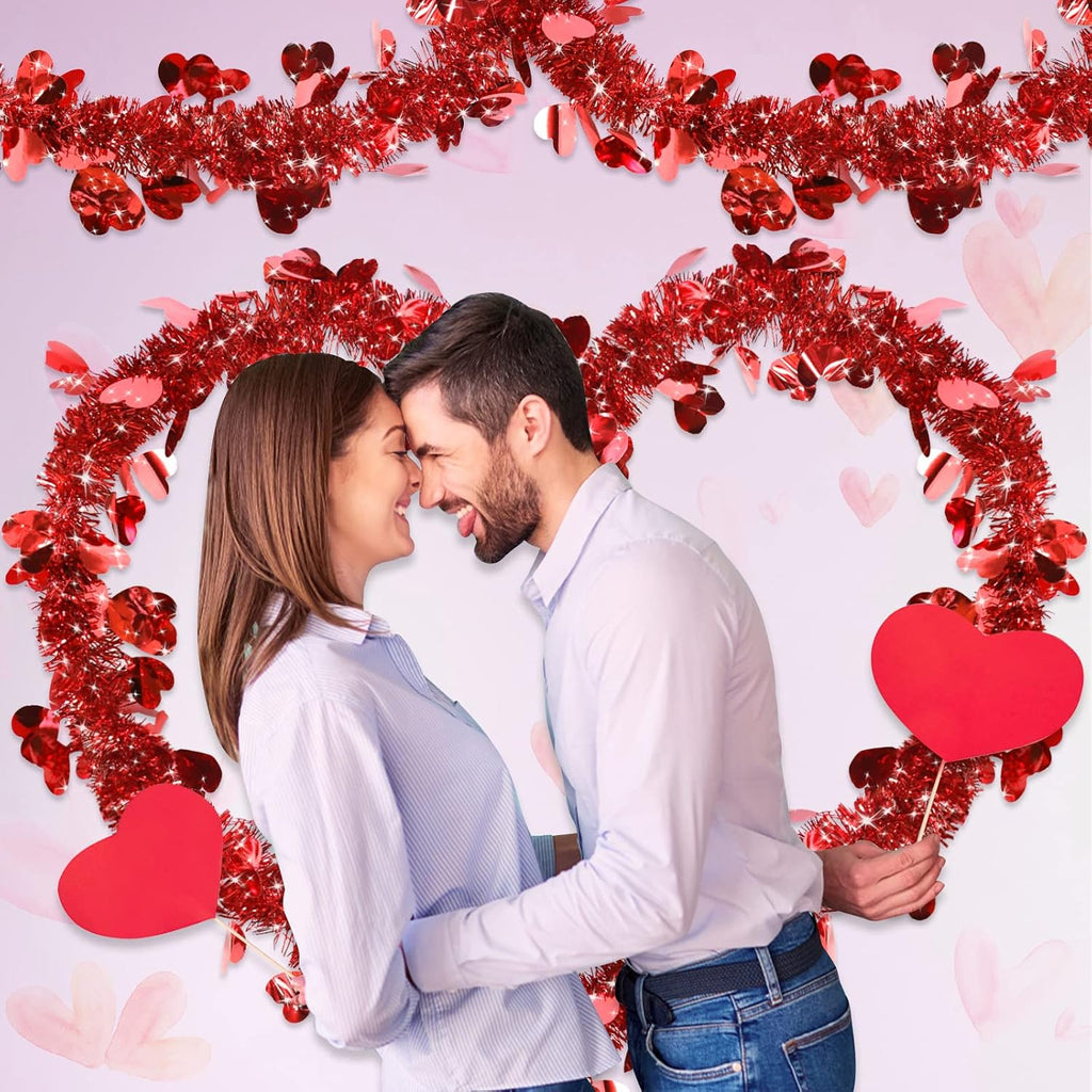 TURNMEON 49.2 Feet 6 Strings Valentines Heart Tinsel Garland Valentine Decor Twist Metallic Hanging Red Garland Valentines Tree Decoration Indoor Outdoor Wedding, Each 8.2Ft by 4.3 Inch
