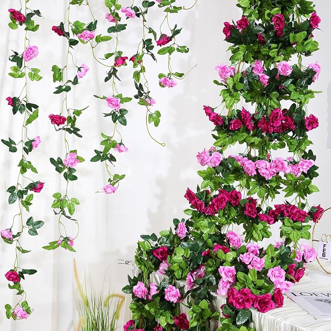 Floweroyal 6 Pack Artificial Flower Garlands 15.8FT Fake Rose Vines Silk Flowers Hanging Rose Ivy for Wedding Arch Party Home Garden Wall Decor (Fuchsia)