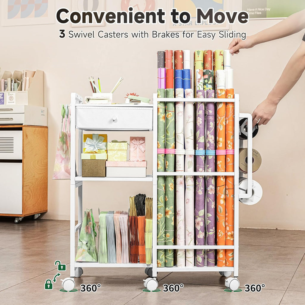 Aquzee Wrapping Paper Storage, Rolling Gift Wrap Station, 9 Adjustable Rod Design, Vertical Wrapping Paper Storage Cart, Ribbon Organizers and Gift Bag Storage, 12 PCS Slap Bands, White