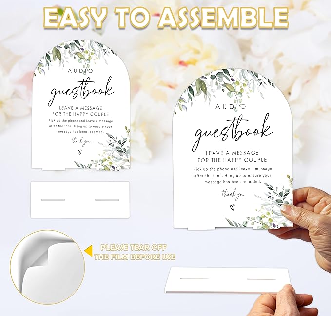 Greenery Audio Guest Book Sign, 6 x 8 Inch White Arch Acrylic Wedding Sign with Holder, Wedding Sign for Ceremony and Reception, Wedding Decoration, Wedding Supplies - LY29