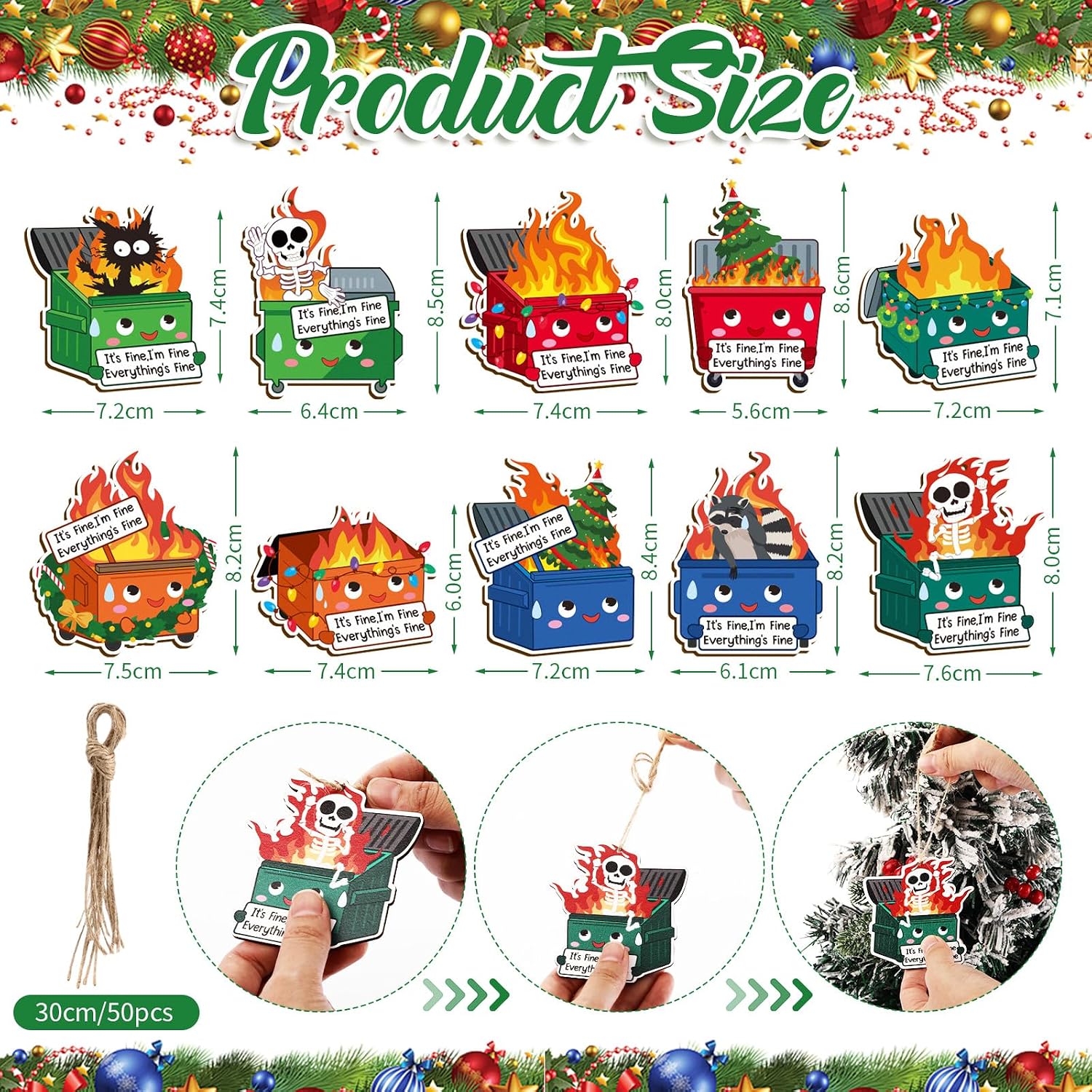Syhood 50 Pcs Christmas Dumpster Fire Ornament Funny Christmas Tree Hanging Ornaments Bulk Everything is Fine Emotional Dumpster Fire Employee Appreciation Gifts for Team Coworker Nurse, 10 Styles