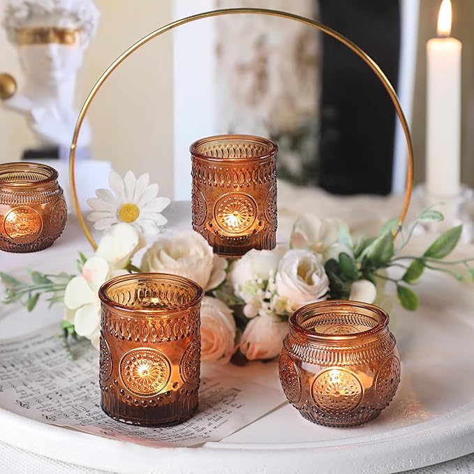 DARJEN 12Pcs Amber Votive Candle Holders - Vintage Glass Candle Holders for Flameless LED Tea Waxes, Tealight Candle Holder for Wedding & Home Table Decor, Vintage Parties