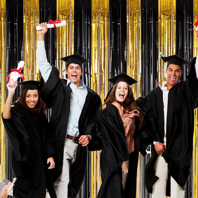 4 Pack Black and Gold Foil Fringe Backdrop Curtains, Tinsel Streamers Birthday Party Decorations, Fringe Backdrop for Graduation, Baby Shower, Gender Reveal, Disco Party