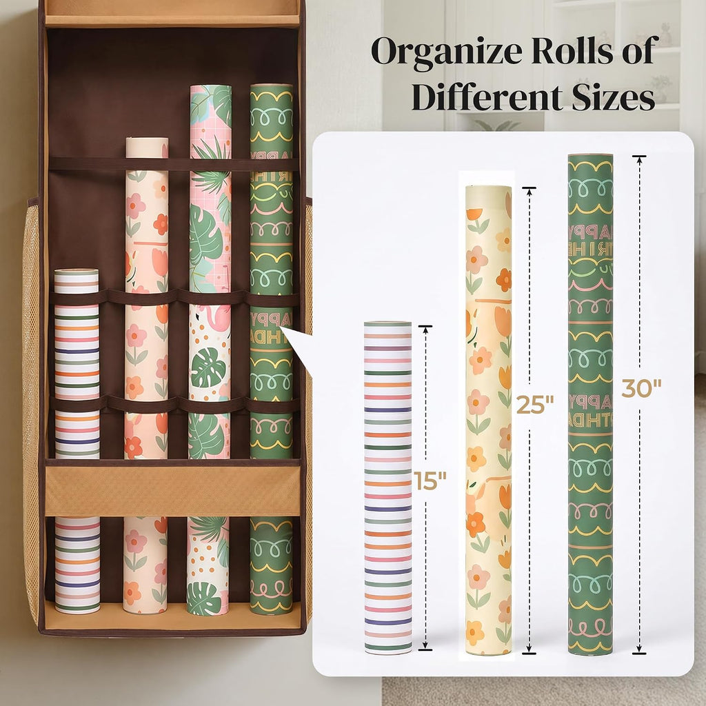 Ordovibe Wrapping Paper Storage Organizer, Over The Door Gift Wrap Holder with Removable Drawer & Side Mesh Pockets – Space Saving Closet Organizer for Christmas, Halloween, Birthday Rolls Supplies Brown