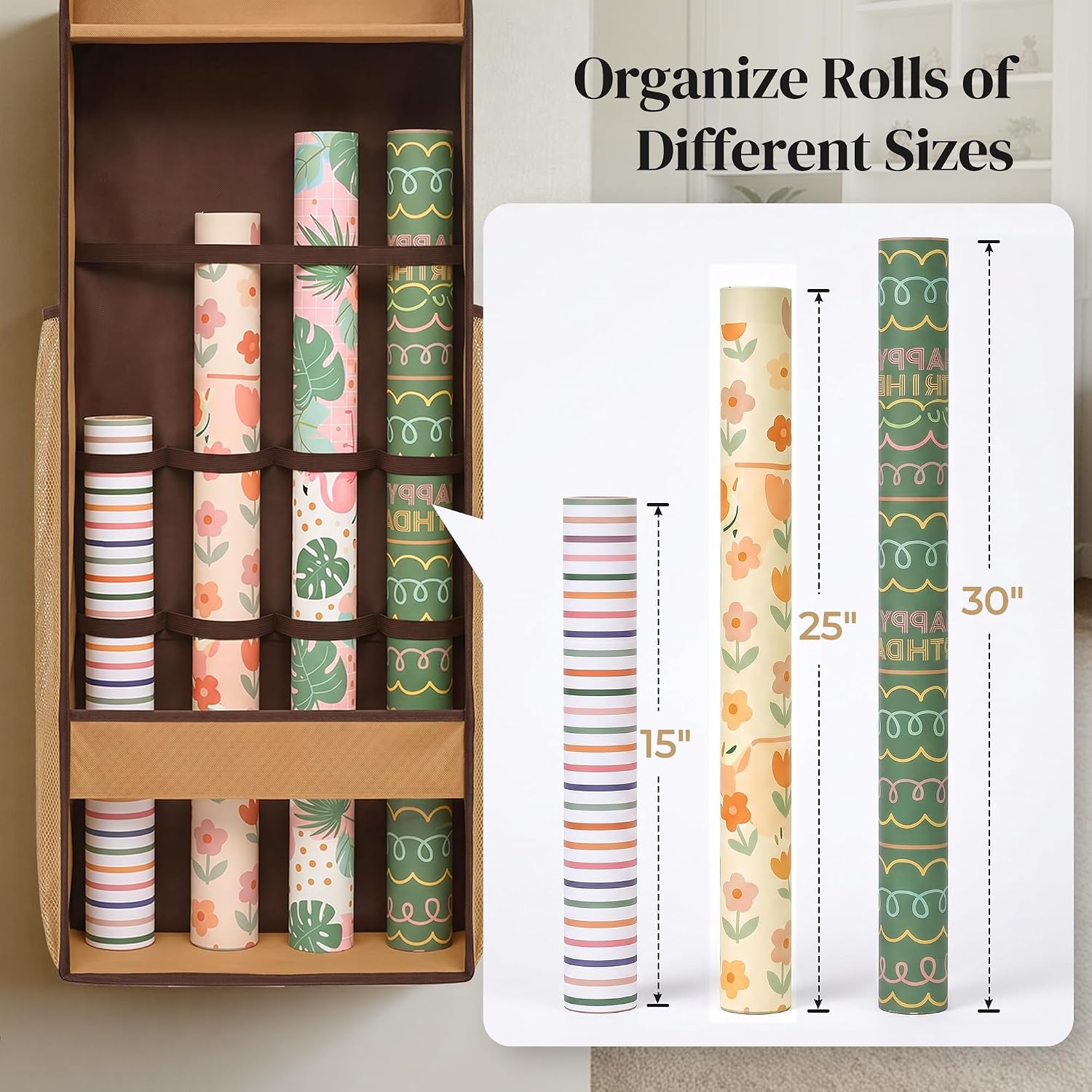 Ordovibe Wrapping Paper Storage Organizer, Over The Door Gift Wrap Holder with Removable Drawer & Side Mesh Pockets – Space Saving Closet Organizer for Christmas, Halloween, Birthday Rolls Supplies Brown