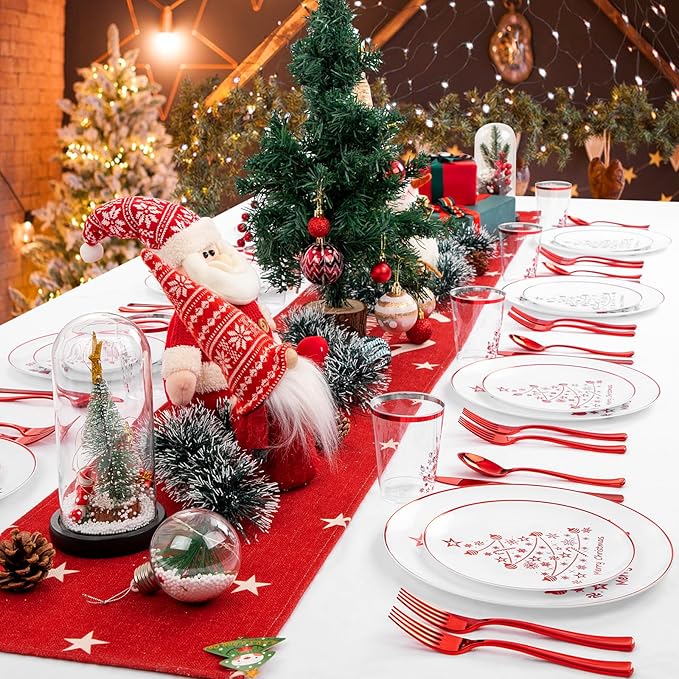 Supernal 150pcs Christmas Dinnerware - Plastic Plates, Cups, Silverware with Red Christmas Tree Pattern for Party and New Year