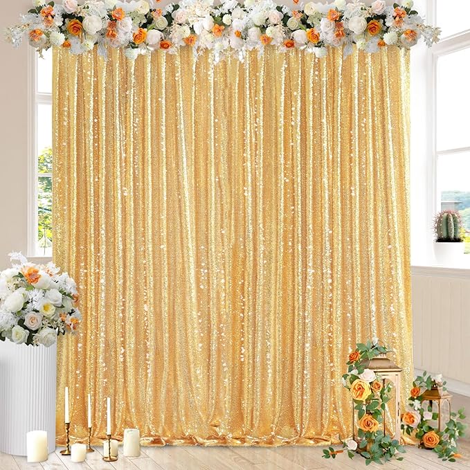 QueenDream Gold Sequin Backdrop Curtain Party Decorations: 10ft x 10ft Glitter Background Sequin Fabric for Wedding Birthday Ceremony