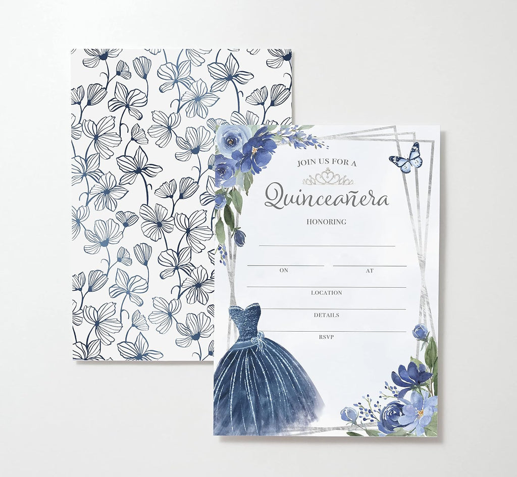 M Market On Mainstreet Quinceanera Party Invitations w/White Envelopes, 25 Count, Made In The USA (25, Blue Quinceanera)