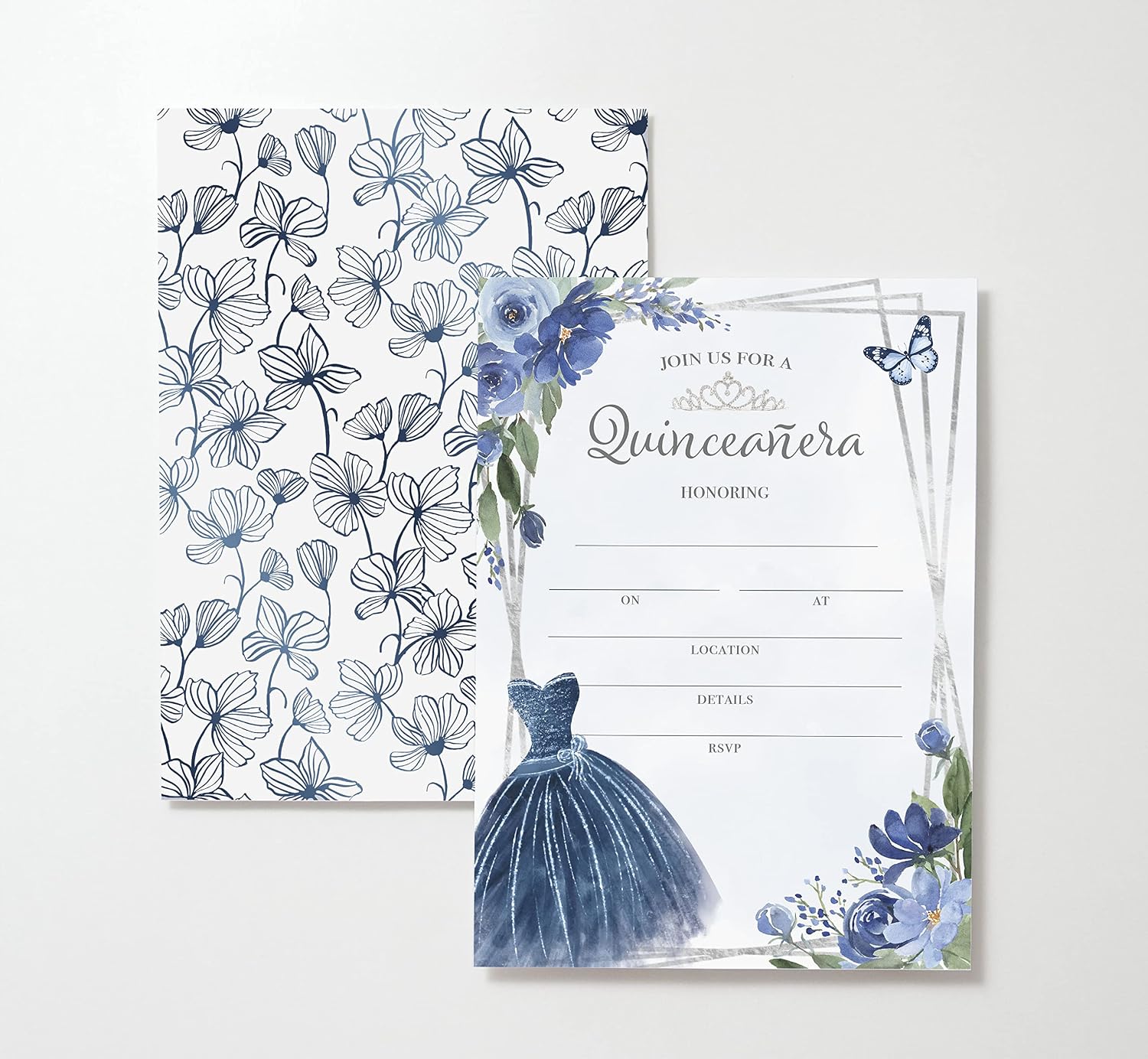 M Market On Mainstreet Quinceanera Party Invitations w/White Envelopes, 25 Count, Made In The USA (25, Blue Quinceanera)