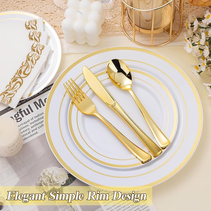 100PCS White Plastic Plates Set with Gold Rim, 50 10.25 inch Heavy Duty Dinner Plate and 50 7.5 inch Dessert Appetizer Plates, Premium Disposable Plates for Party, Wedding, Birthday
