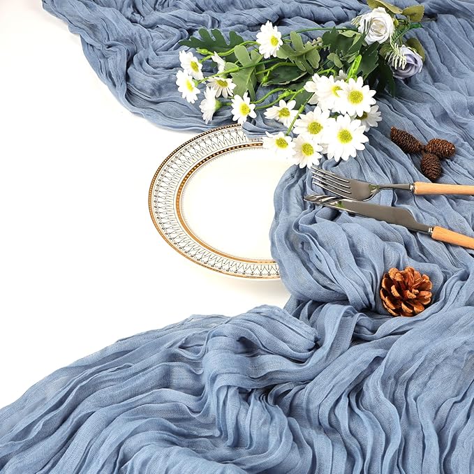 12 Pack Dusty Blue Table Runner 10ft Boho Gauze Fabric Cheesecloth Table Runner 35 x 120 Inch Rustic Sheer Runner for Wedding Decor Baby Shower Party Table Centerpiece Decorations