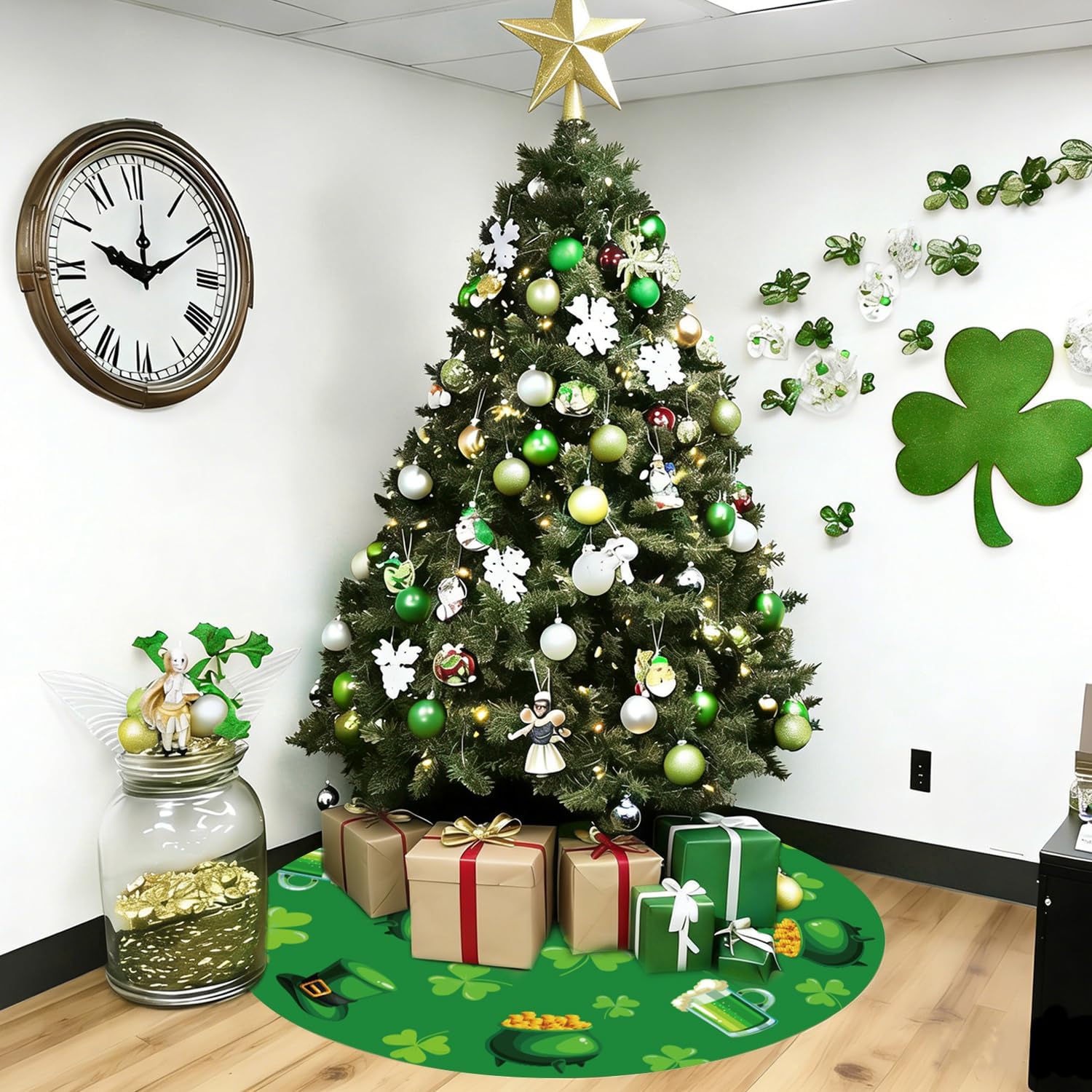 Valentine's Day Tree Skirt Valentine's Decor 36" Love Heart Clover Double Sided Print Mat for Trees St Patricks Day Decor Holiday Party Garden Indoor Home Decorations