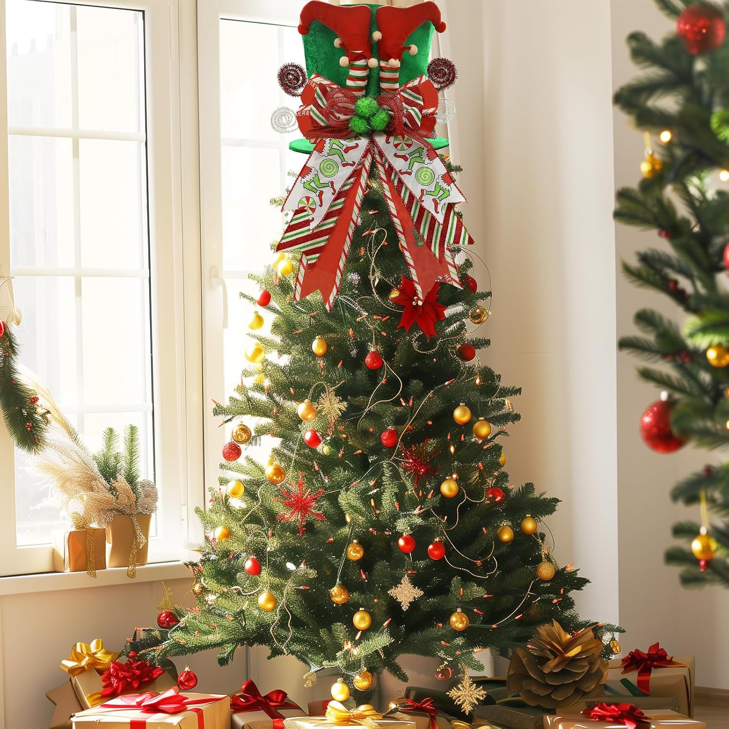 Christmas Tree Topper Hat with Bow, Velvet Top Hat Ornament with Elf Legs and Red & Green Wired Bows, Winter Holidays Xmas Decor for Home Decoration (Green)