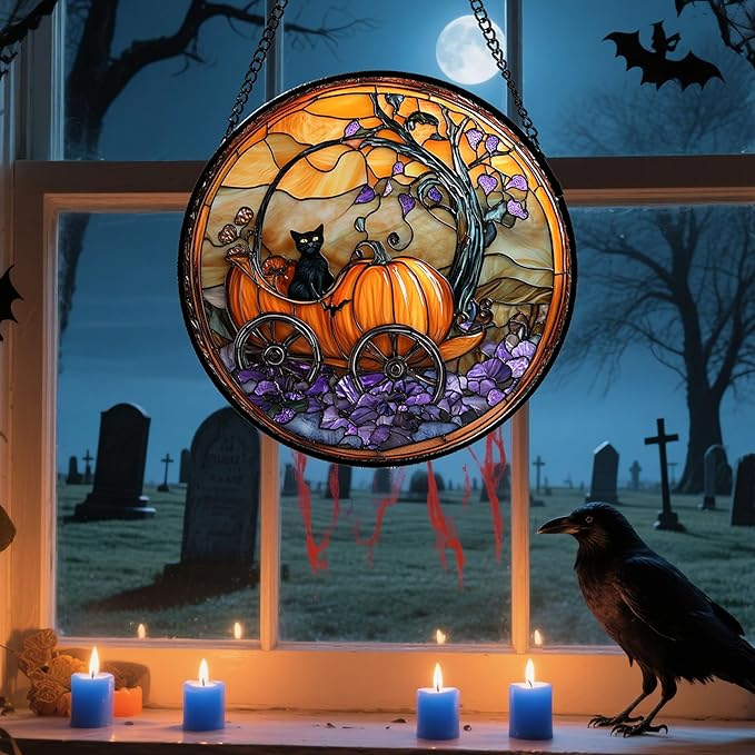 Stained Glass Window Hanging - Halloween Pumpkin Carriage Black Cat Suncatcher for Doors Window Garden Spooky Sun Catchers Gothic Decor Horror Gifts for Women Men Friend Boy Girl 15 in