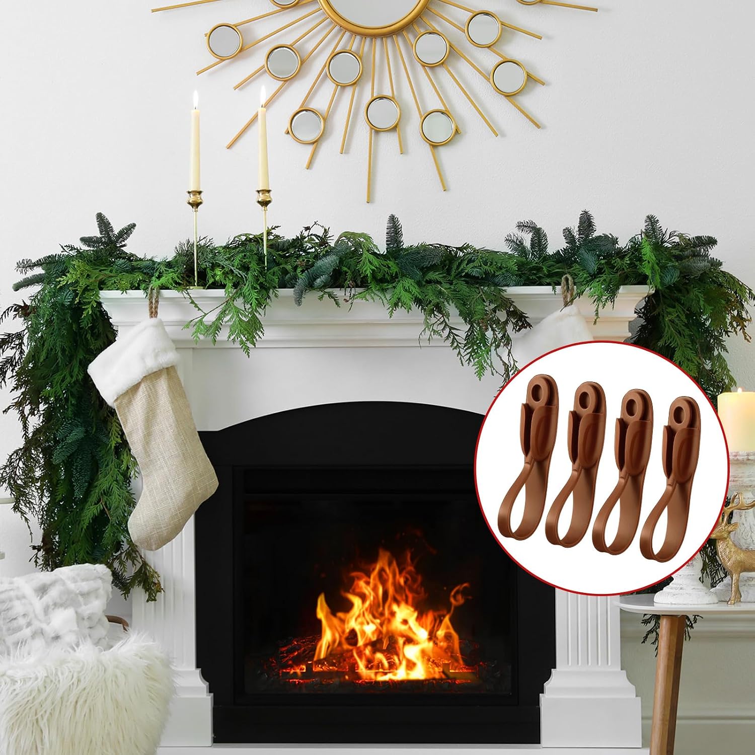 Relaxweex 6 Pcs Garland Hanger for Mantle No Drill Garland Hangers Hooks Wreath Ties Fireplace Stocking Holder Stretchable Silicone Adhesive Straps for Door Frame Stairways (Brown)