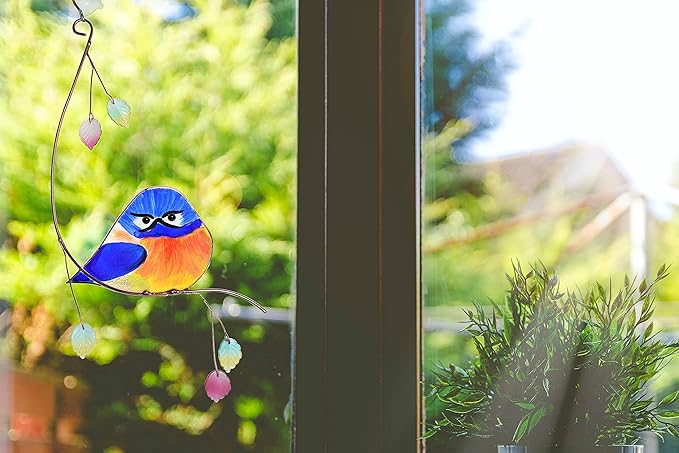Lolitarcrafts Grumpy Owl Stained Glass Suncatcher Bluebird Stained Window Painting Bird Hanging